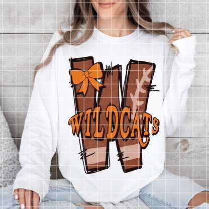 Orange And Black Wildcats Shirt Design |Doodle Letter Football PNG For Football Sublimation, Sticker Making|Wildcat Mascot PNG, 300 DPI