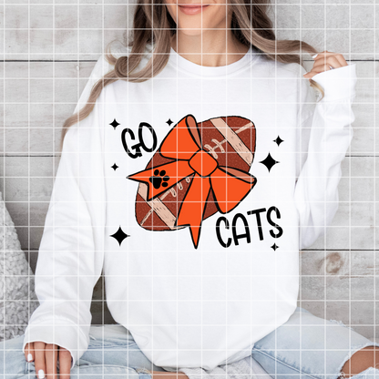 Go Cats Sublimation PNG For Wildcats, Bobcats, Bearcats Game Day Shirt With Orange School Color | Hand Drawn Football With Coquette Bow PNG
