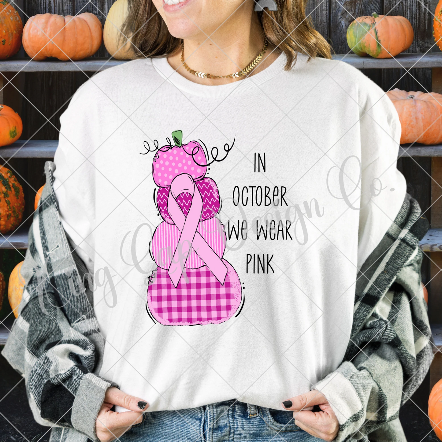 Breast Cancer Awareness Fall Sublimation Design | Pink Pumpkins | In October We Wear Pink | Cute Hand-Drawn Fall Shirt |Breast Cancer Ribbon