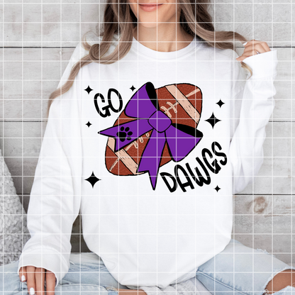 Go Dawgs Sublimation PNG For Making T-Shirts, Tumblers, Mugs For Bulldogs Fans With Purple School Colors|Hand Drawn Football With Purple Bow