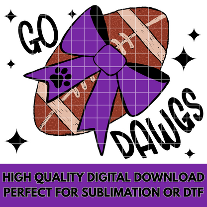 Go Dawgs Sublimation PNG For Making T-Shirts, Tumblers, Mugs For Bulldogs Fans With Purple School Colors|Hand Drawn Football With Purple Bow