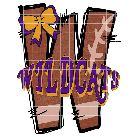 Purple And Gold Wildcats Football Shirt Design | Doodle Letter W With Football Laces | 300 DPI Transparent Background