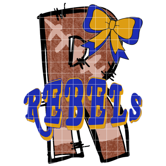 Doodle Letter R |Rebels Football Sublimation PNG With Blue And Gold Bow And Letters For High School Football Teams With Rebels Mascot PNG