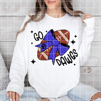 Bulldogs Football Sublimation PNG With Hand Drawn Football And Royal Blue Coquette Bow For Making Shirts For Bulldogs Fans | 300 DPI Image