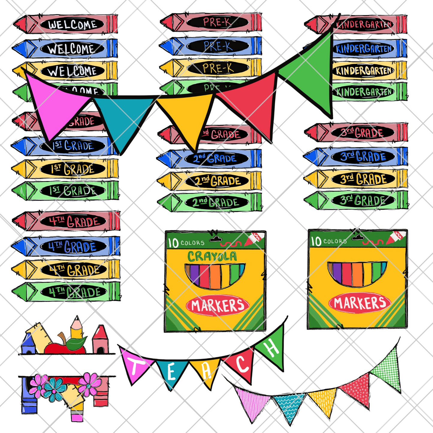 School Clip Art | Hand Drawn | Commercially Licensed | 300 DPI | Transparent Background | Sublimation, Stickers, Scrap Book, DTF, Shirts | Great For Teacher Appreciation Gifts, Back To School And More