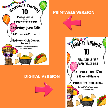 Taco Invitation For Girls' Birthday Party | Print On Demand And Digital Versions Included | Cool Llama Invitation |Original Taco Design With Cute Hand Drawn Artwork