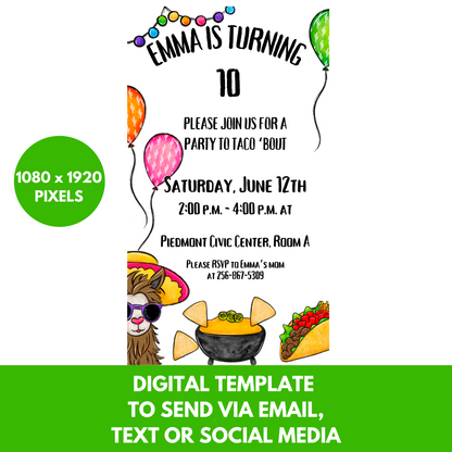 Taco Invitation For Girls' Birthday Party | Print On Demand And Digital Versions Included | Cool Llama Invitation |Original Taco Design With Cute Hand Drawn Artwork