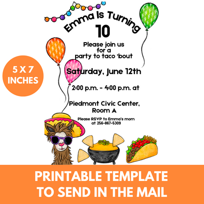 Taco Invitation For Girls' Birthday Party | Print On Demand And Digital Versions Included | Cool Llama Invitation |Original Taco Design With Cute Hand Drawn Artwork