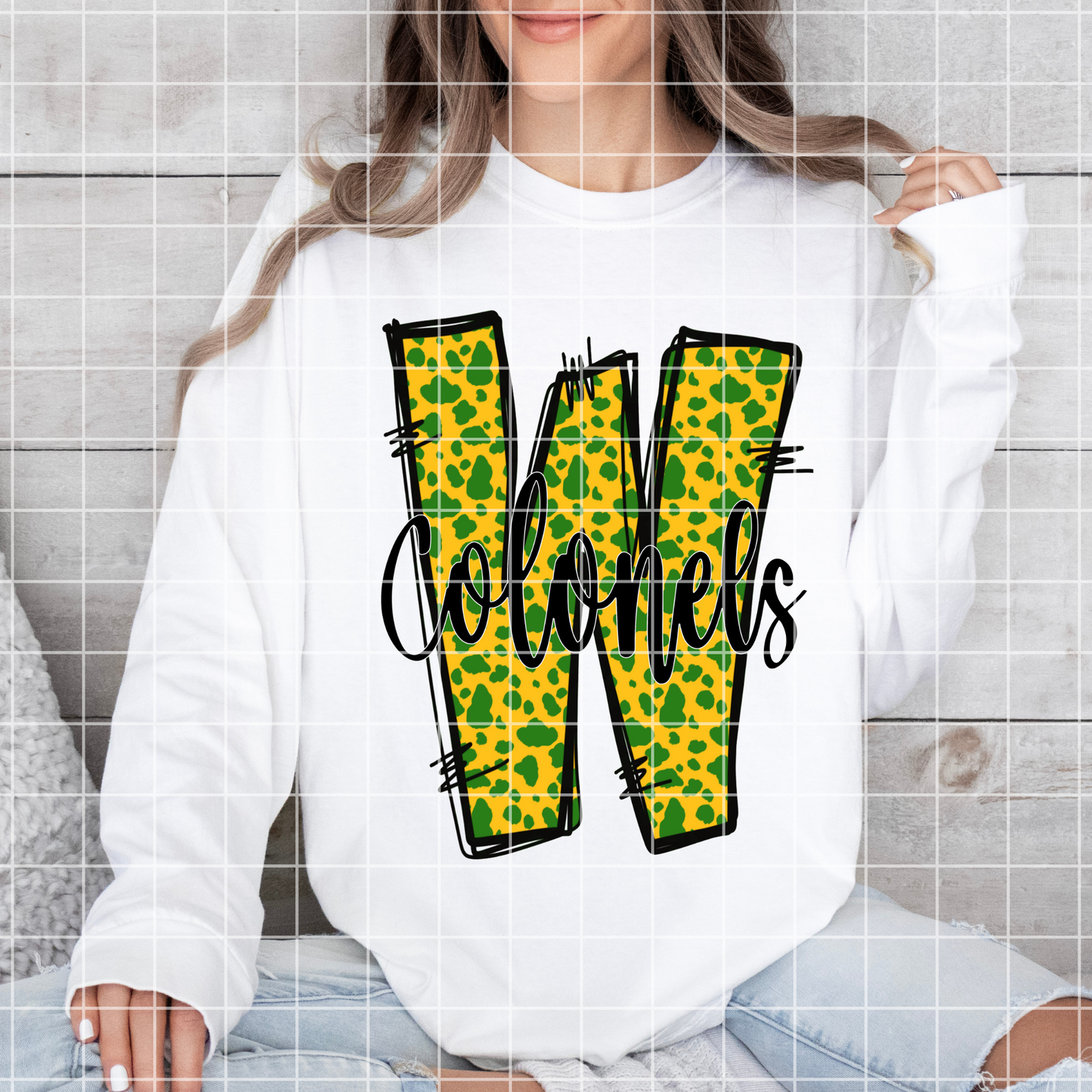 Doodle Letter "W" Woodlawn Colonels Football Sublimation | Green And Gold School Colors | PNG For T-Shirts, Tumblers, Cups, Stickers| 300 DPI, Transparent Background