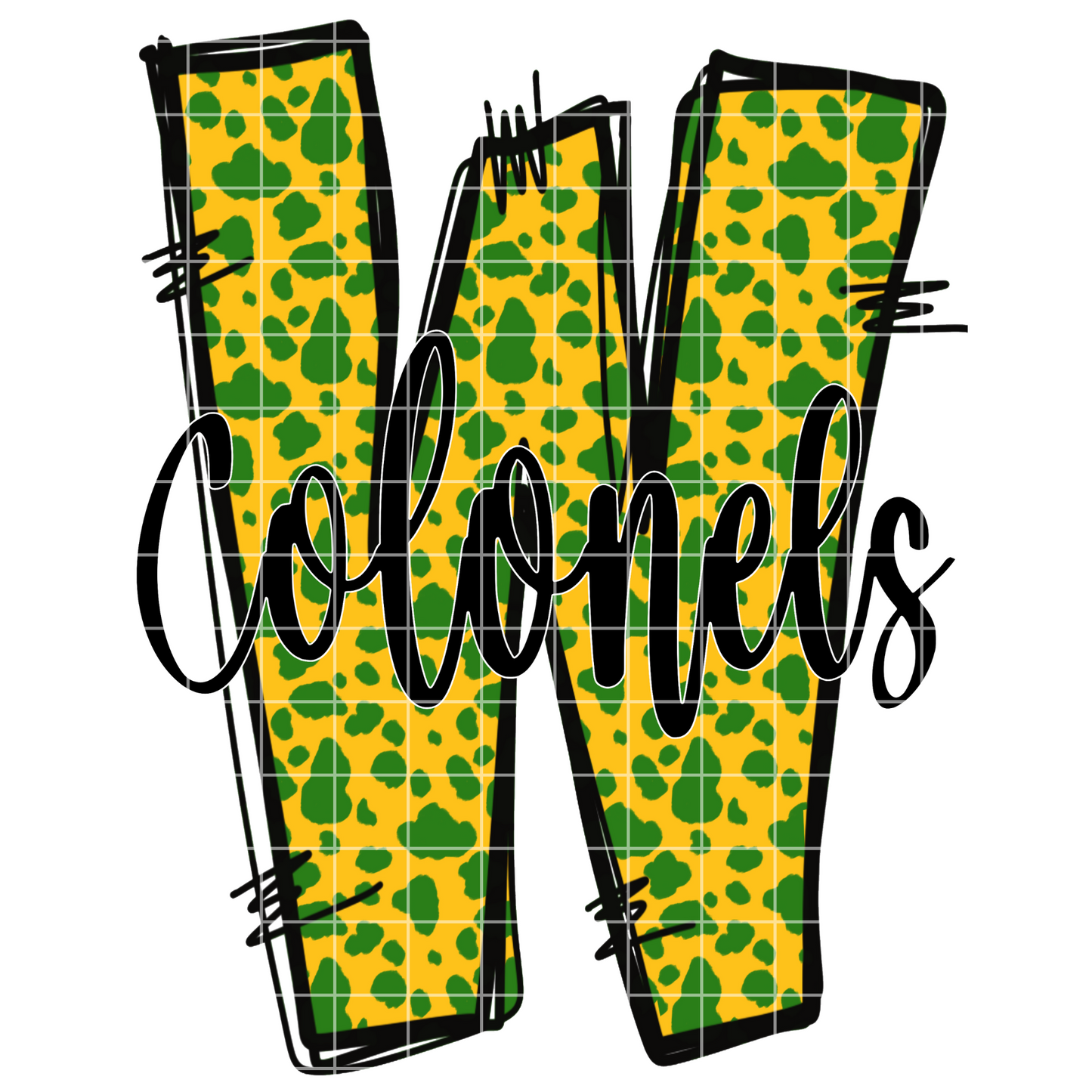 Doodle Letter "W" Woodlawn Colonels Football Sublimation | Green And Gold School Colors | PNG For T-Shirts, Tumblers, Cups, Stickers| 300 DPI, Transparent Background