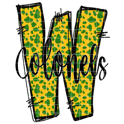 Doodle Letter "W" Woodlawn Colonels Football Sublimation | Green And Gold School Colors | PNG For T-Shirts, Tumblers, Cups, Stickers| 300 DPI, Transparent Background