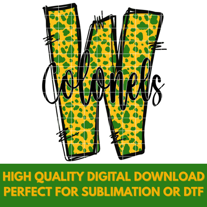 Doodle Letter "W" Woodlawn Colonels Football Sublimation | Green And Gold School Colors | PNG For T-Shirts, Tumblers, Cups, Stickers| 300 DPI, Transparent Background