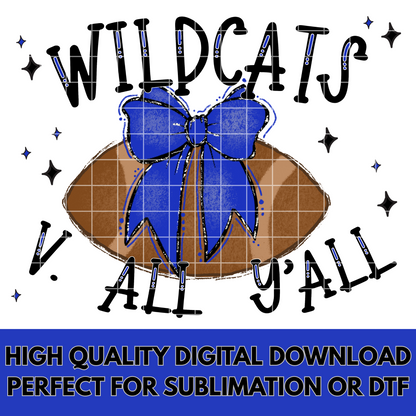Wildcats Football Sublimation PNG With Blue Coquette Bow For T-Shirts For Wildcats Fans | 300 DPI, Transparent Background